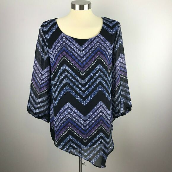 AB Studio Womens M Blouse Black Blue Chevron Stripe 3/4 Sleeve Polyester - Picture 3 of 8